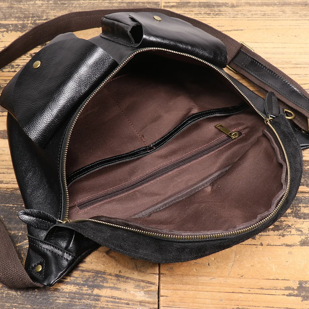 Men's Vintage Leather Chest Sling Bag Vegetable-Tanned Crossbody Backpack for Travel & Cycling