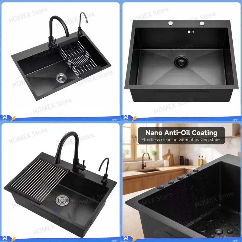 Custom Nano Black 304 Stainless Steel Kitchen Sink Single Bowl Deep Basin Handmade Two Holes Eco Friendly Undermount Wash