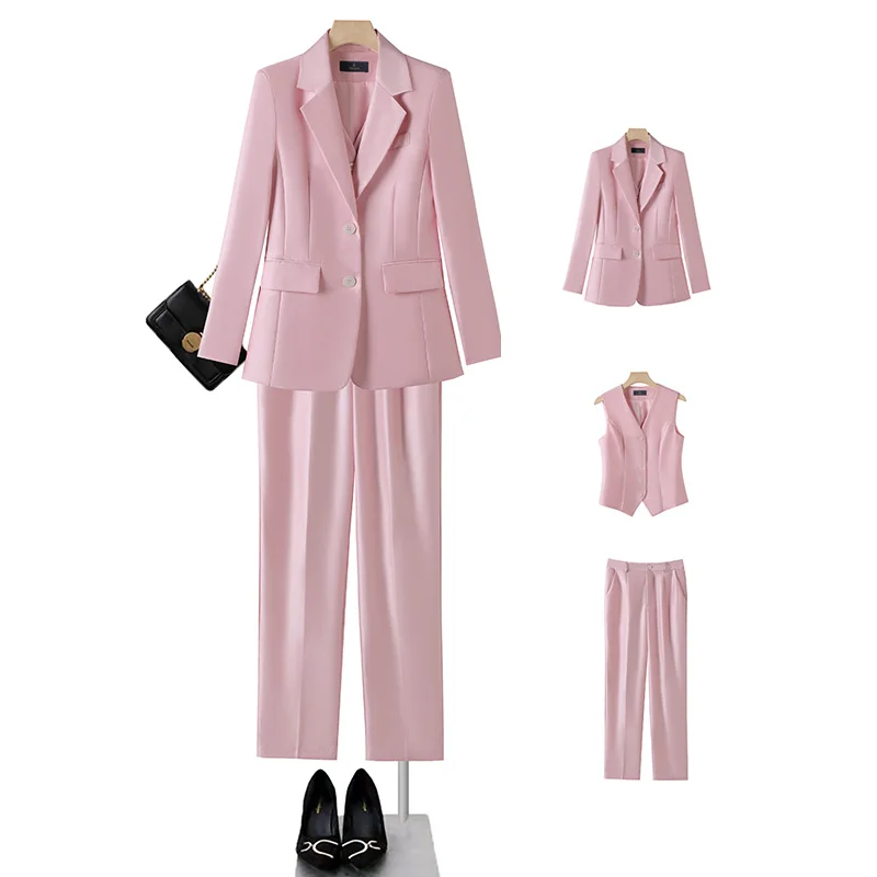 

Women Formal Blazer Vest and Pant Suit Navy Pink Orange Office Ladies Long Sleeve 3 Pieces Set For Business Work Career Wear