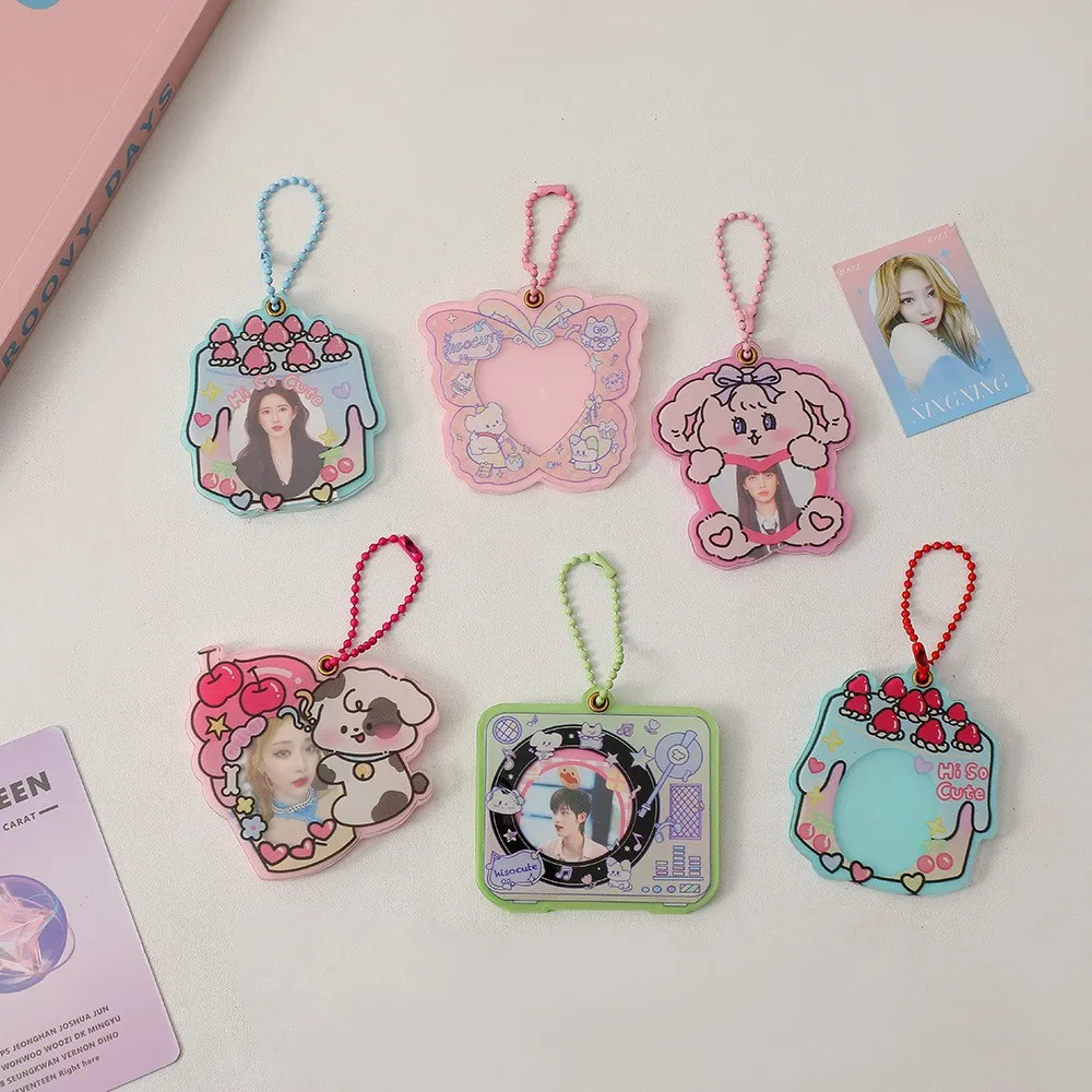 Kawaii 1Inch Acrylic Cake Cat Butterfly Kpop Photocard Holder Photo Card Holder Bag Pendant School Stationery