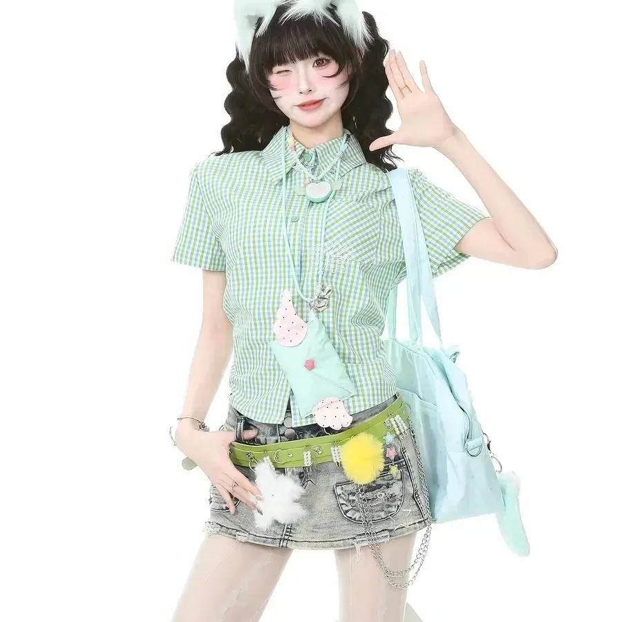 

Japanese Sweet Plaid Embroidery Short Sleeve Shirts Women Summer Lapel Single Breasted Crop Top Y2k Aesthetic Blouse
