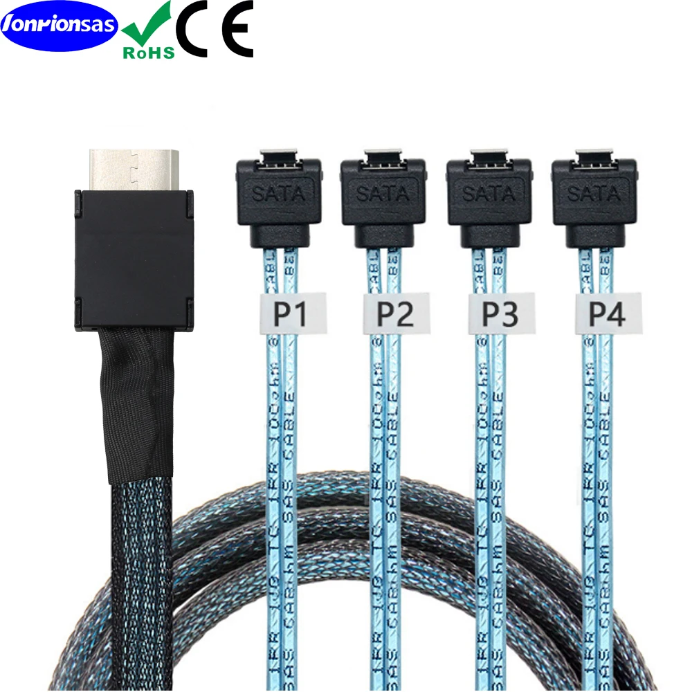 

LONRIONSAS#OCuLink SFF-8611 4I PCIe PCI-Express STR to 4X 90 degree SATA 7Pin Target/Backplane for SSD Data Active Cable