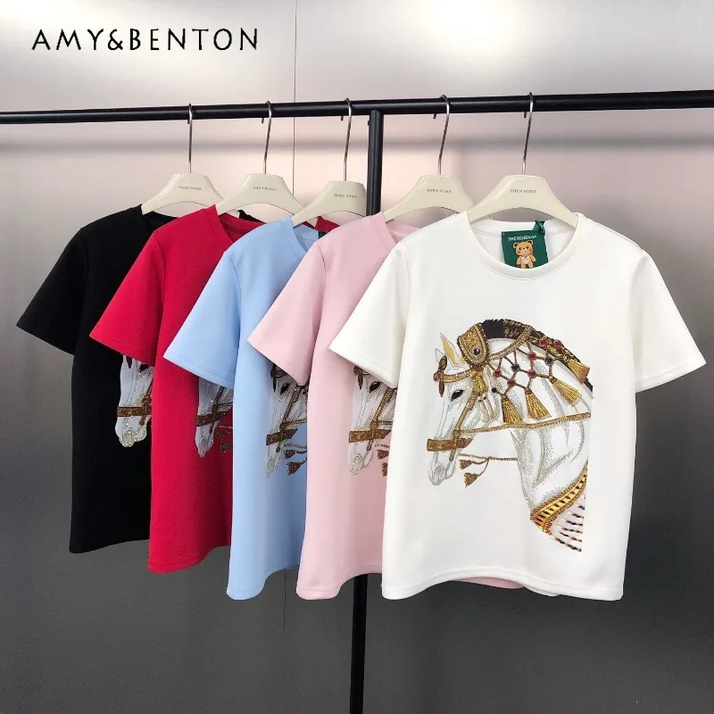 

Trendy High Street Versatile New Year Rhinestone Print New Pure Cotton Pullover Tees Heavy Craft Short Sleeve T-Shirt For Women