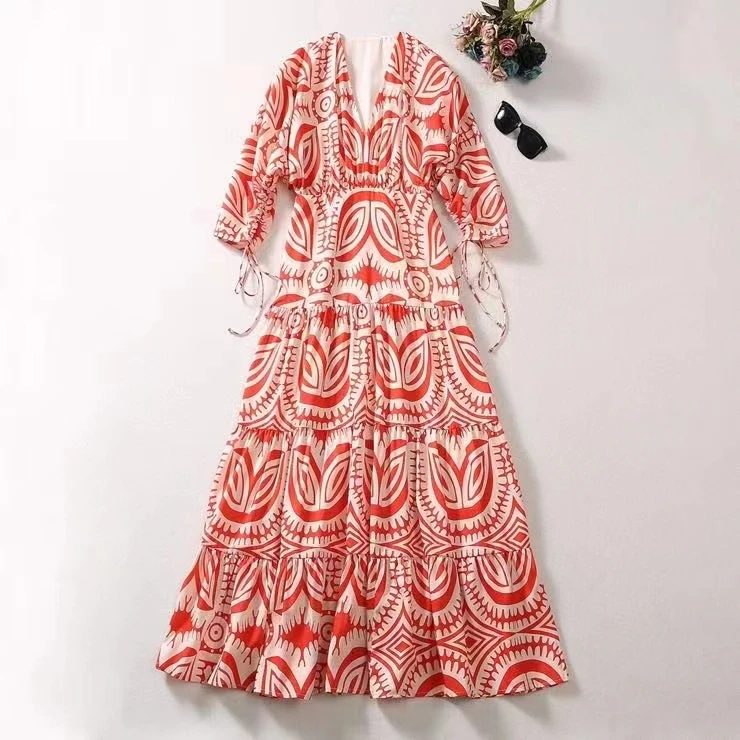 

European and American women's clothing 2023 autumn new V-neck Three-quarter sleeve red print fashion Pleated dress XXL