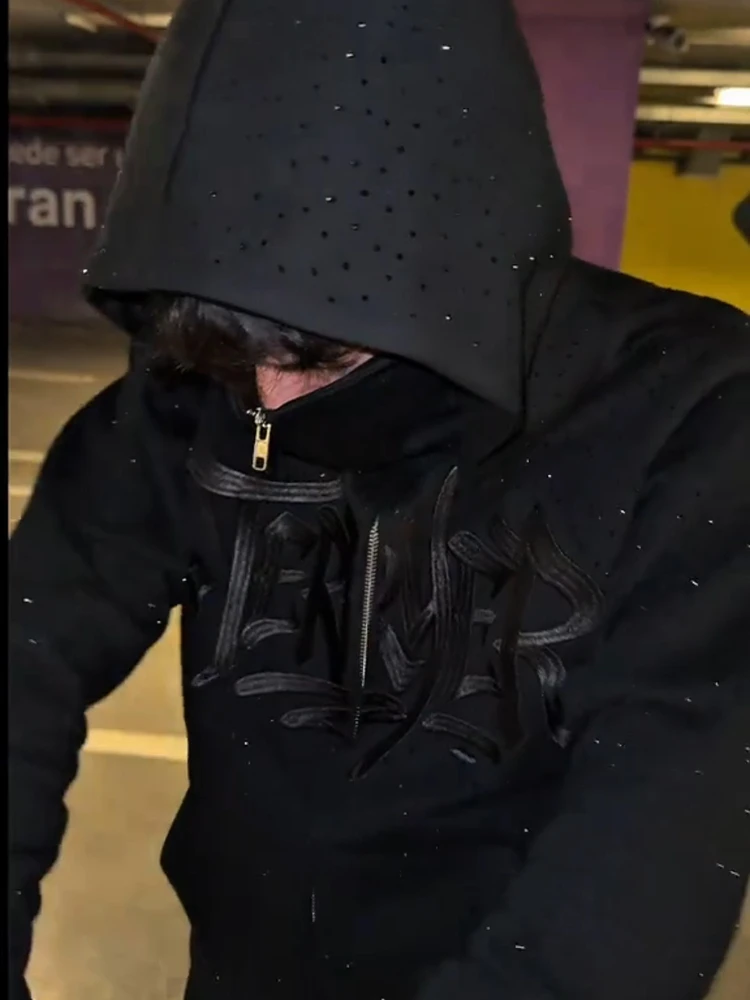 Y2k Neuer Herbst/Winter Hot Diamond Doppelkapuzen-Hoodie im Dunklen Stil Unisex Reißverschluss-Cardigan mit Stickerei