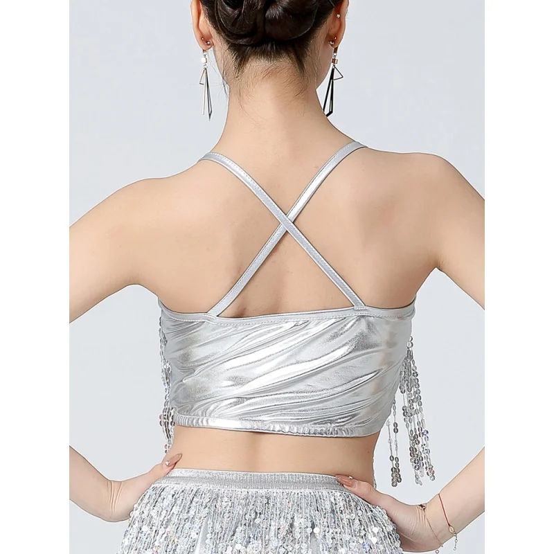 Top corto con lentejuelas y borlas para mujer, traje Sexy brillante para fiesta Rave, cuello en V, espalda cruzada, sujetador acolchado, trajes de actuación de danza del vientre