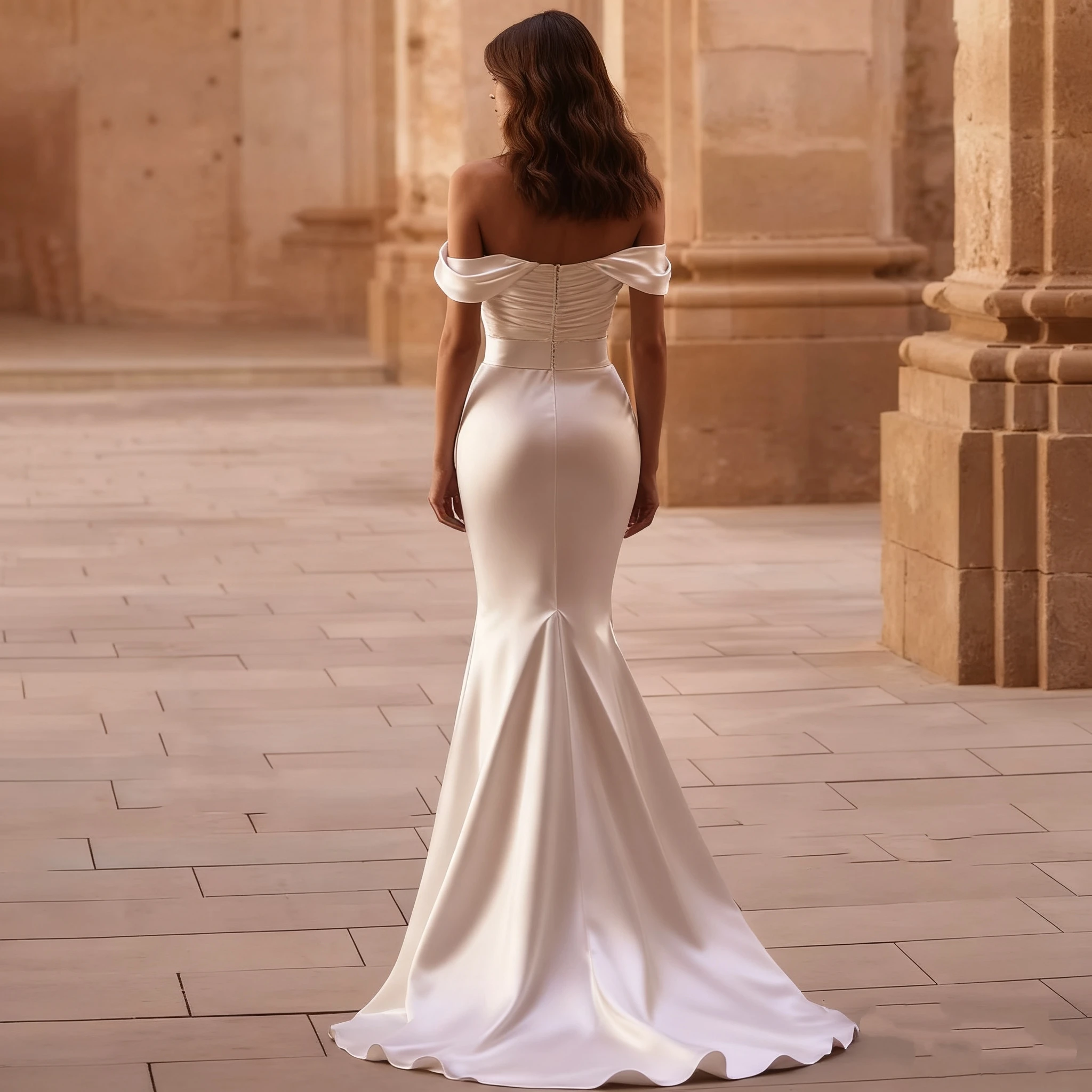 Luxuriöse Meerjungfrau-Brautkleider, plissiert, schulterfrei, rückenfrei, solides Satin-Brautkleid, Elas, individuell anpassbar, Robe De Mariee