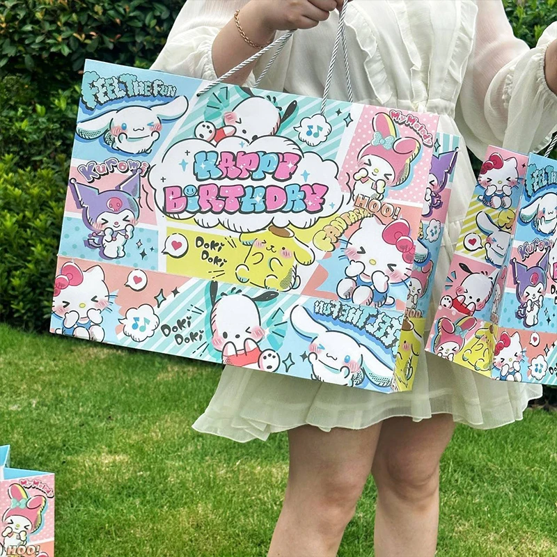 Sanrio Hello Kitty Cinnamoroll Anime Kawaii Large Capacity Gift Bag Cute Cartoon Cardstock Blessing Handbag Birthday Toys Girls