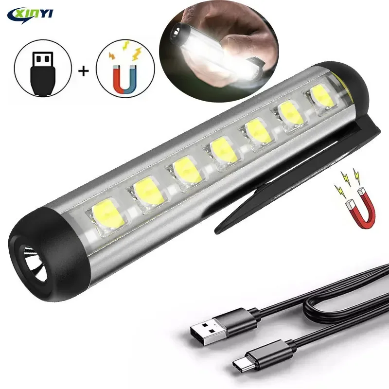 Mini LED Flashlight XPE + COB Lamp Beads Ultra Bright Torch With Clip Magnet Work Light Waterproof USB Rechargeable Flashlight