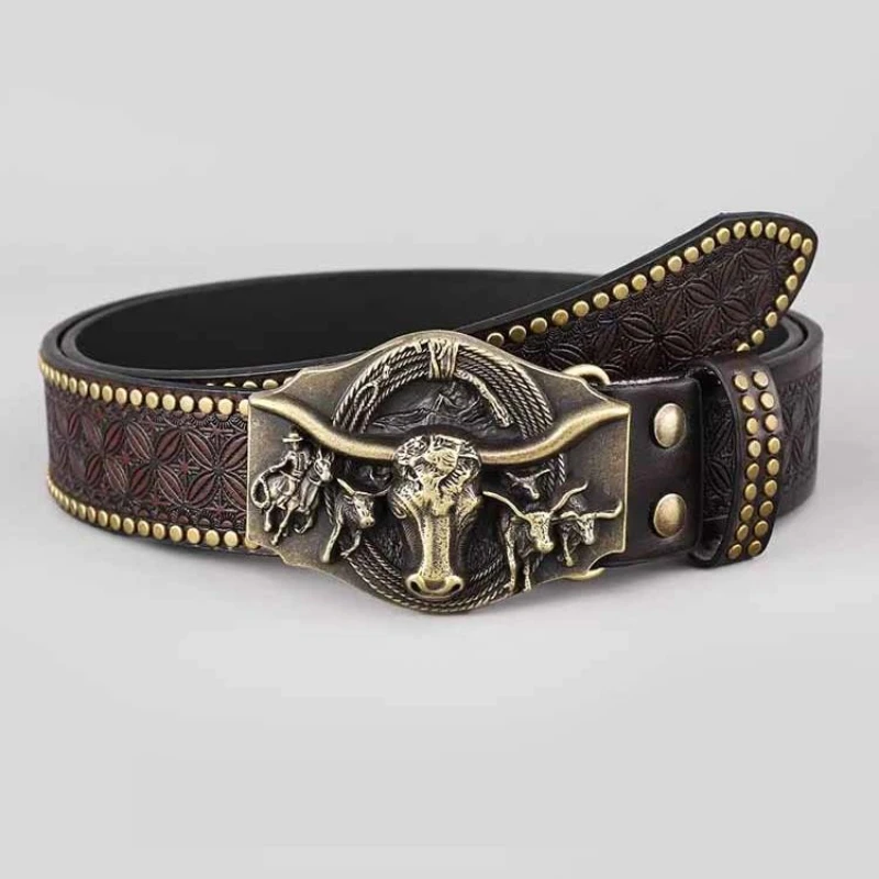 Western Bullhead Embossed Pin Buckle PU Leather Belt, Vintage Embossed Rivet Cowboy Waist Belt For Men Women