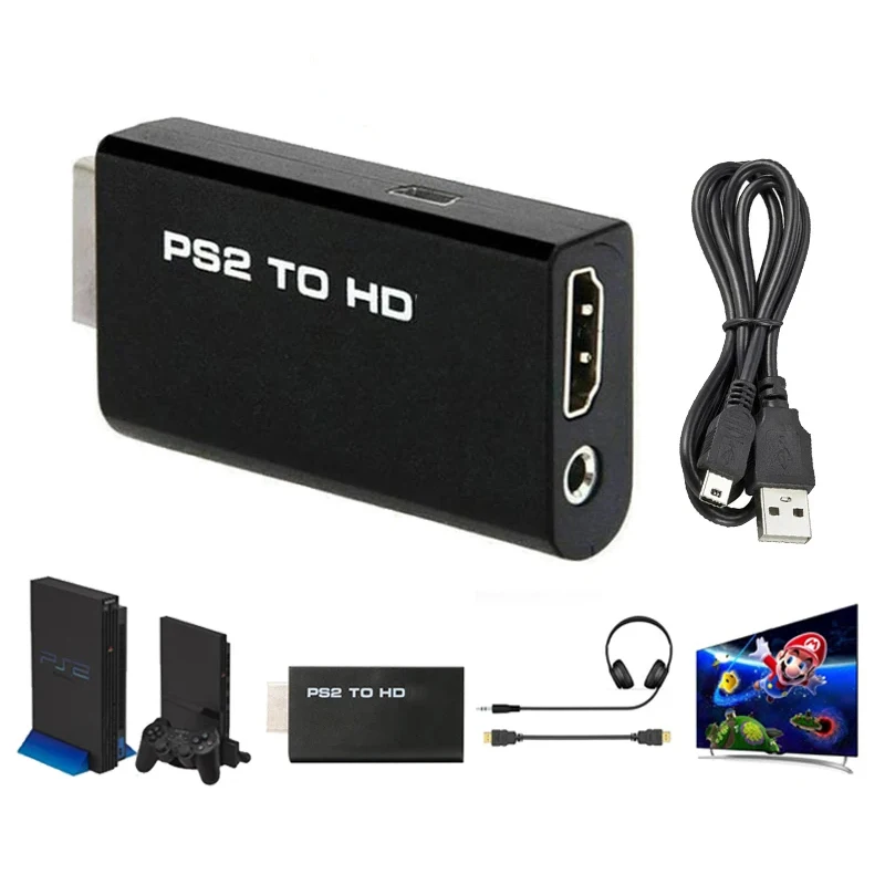 PS2 to HDMI-compatible 480i/480p/576i Audio Video Converter Full 1080P Adapter with 3.5mm Audio Output for All PS2