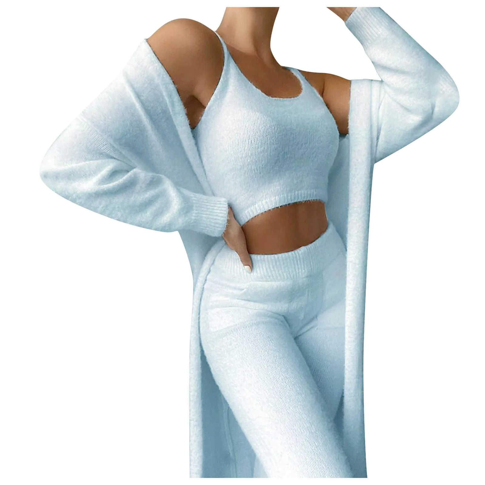 Homewear 3 Piece Sets Pajamas For Women Casual Sleeveless Tops And Long Pants Cozy Cardigan Fluffy Sleepcoat Sexy Solid Suits