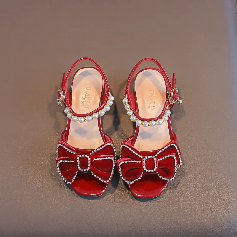 Summer Sandals Pearl Rhinestone Bow Fashion Princess Shoes 2023 New Girls Shoes Non-slip Kids Sandals Black Red Size 25-36 G609