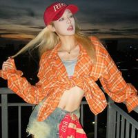 Vintage Plaid Women Shirts Harajuku Long Sleeve Korean Fashion Gyaru Blouses Oversized Orange Commute Sunscreen Summer