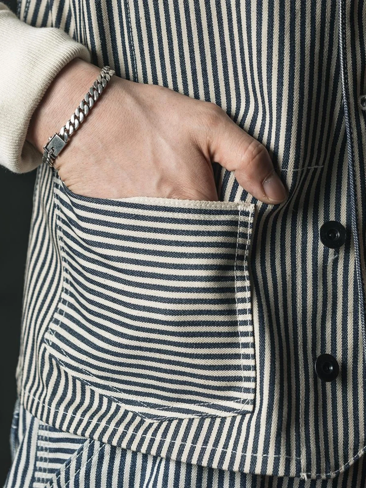 سترة عمل برونسون لوتو423 من قماش الهيكوري بنمط خطوط السكك الحديدية، سترة دنيم زرقاء وبيضاء بخطوط عمودية، مقاس قياسي للشباب، ن... #5