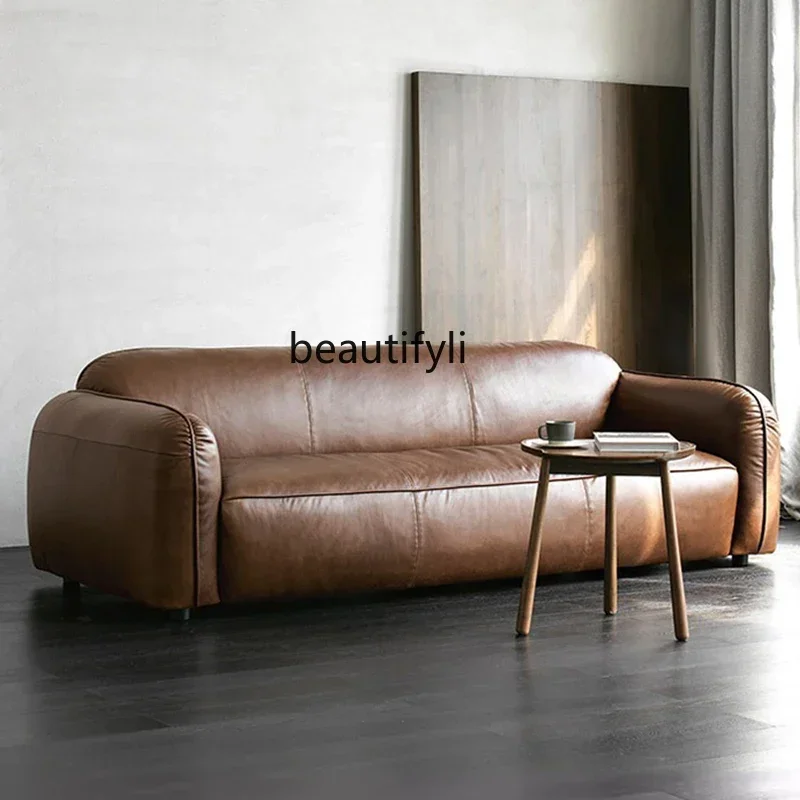 C Italian retro tofu block leather sofa designer living room soft bag straight row sofa