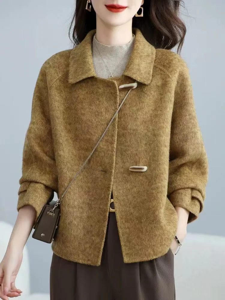 숏 혼 버튼 배기 재킷 코트 여성 캐주얼 엘레강트 울 재킷 턴다운 칼라 한국 패션 루즈 재킷