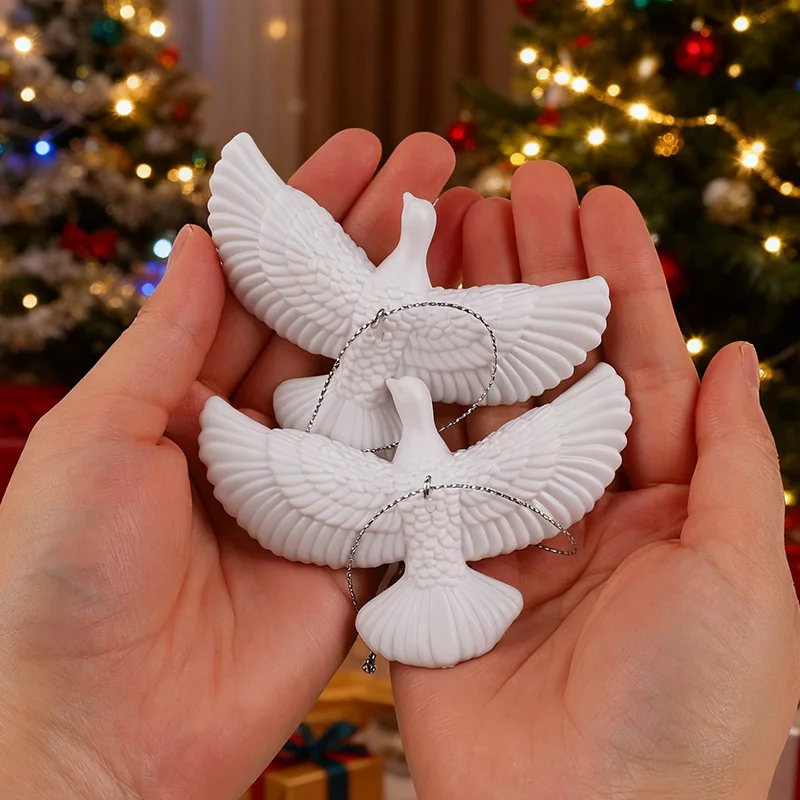 

2pcs Peace Dove Christmas Tree Hanging Ornaments Resin White Bird Pendants 2026 New Year Party Home DIY Decoration Kids Gifts