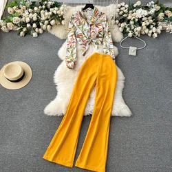 Chic Women Two-Piece Sets Basics Turn-down Collar Print Bandage Blouse High Waist Flare Pants French High Street Autumn Clothing