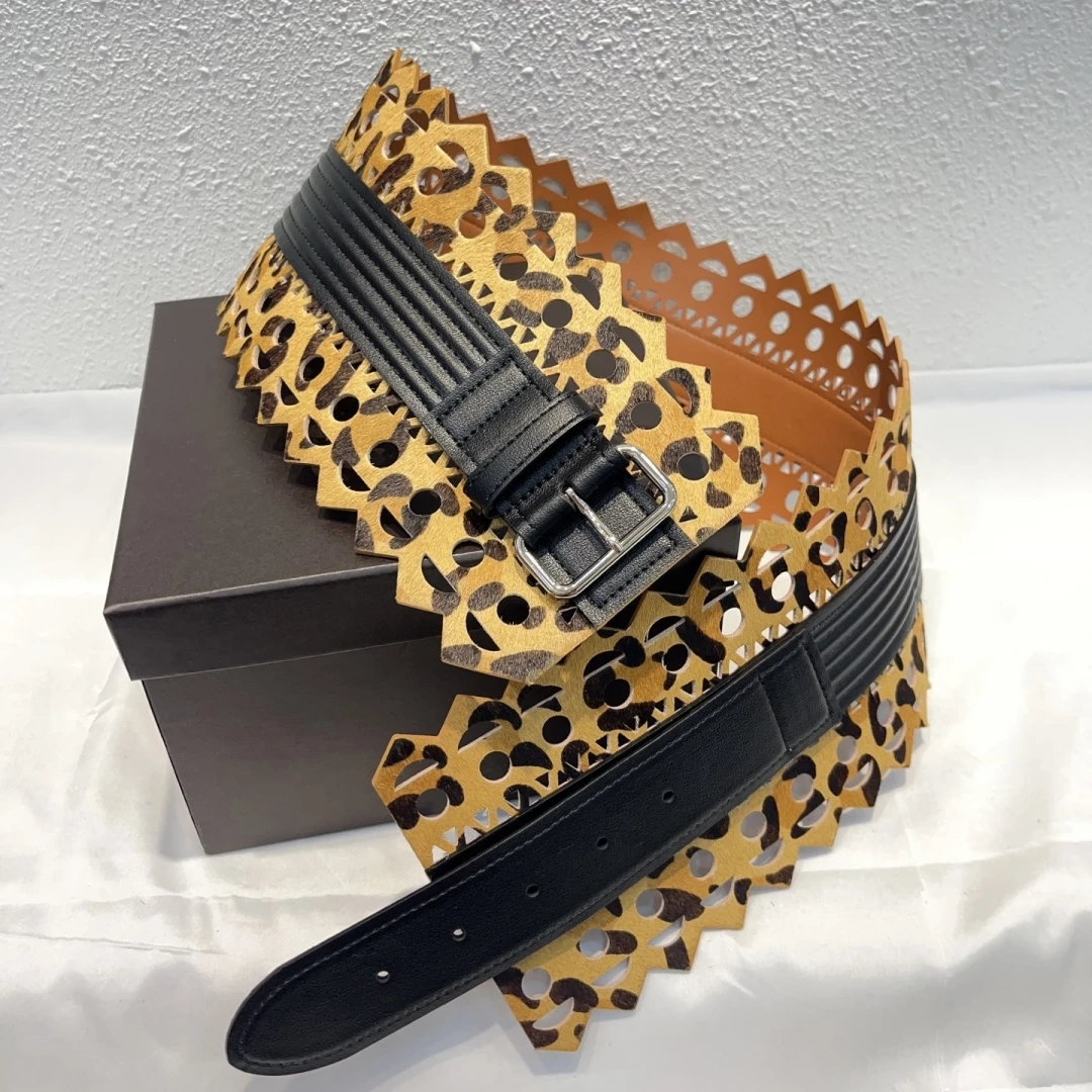 보헤미안 스타일 레이스 중공 허리띠 소 가죽 벨트 정품 가죽 여성 드레스 장식 와이드 레오파드 프린트 허리띠Cummerbunds