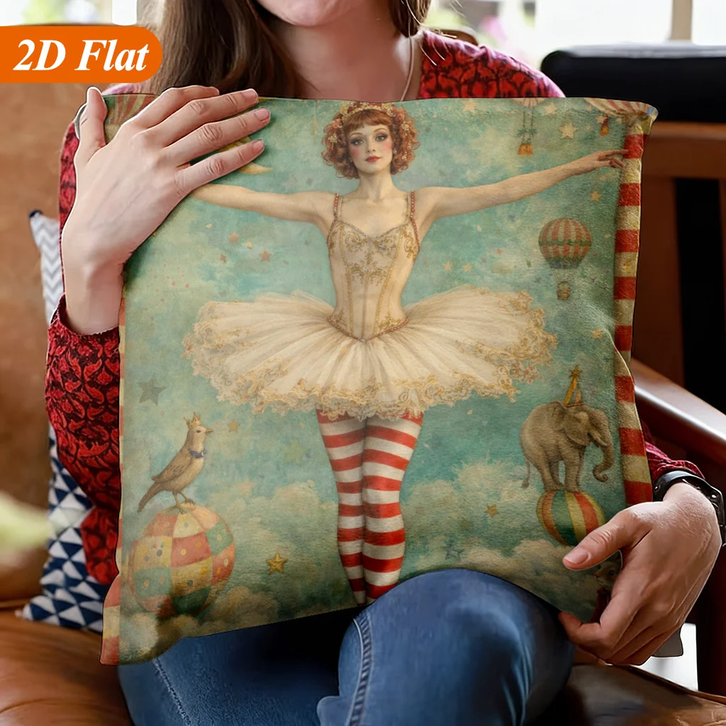 1pc Circus Ballerina Moon Elephant Rabbit Throw Pillow Cover 2D Double-Side Print Polyester Cushion Case for Sofa Cottagecore Wh