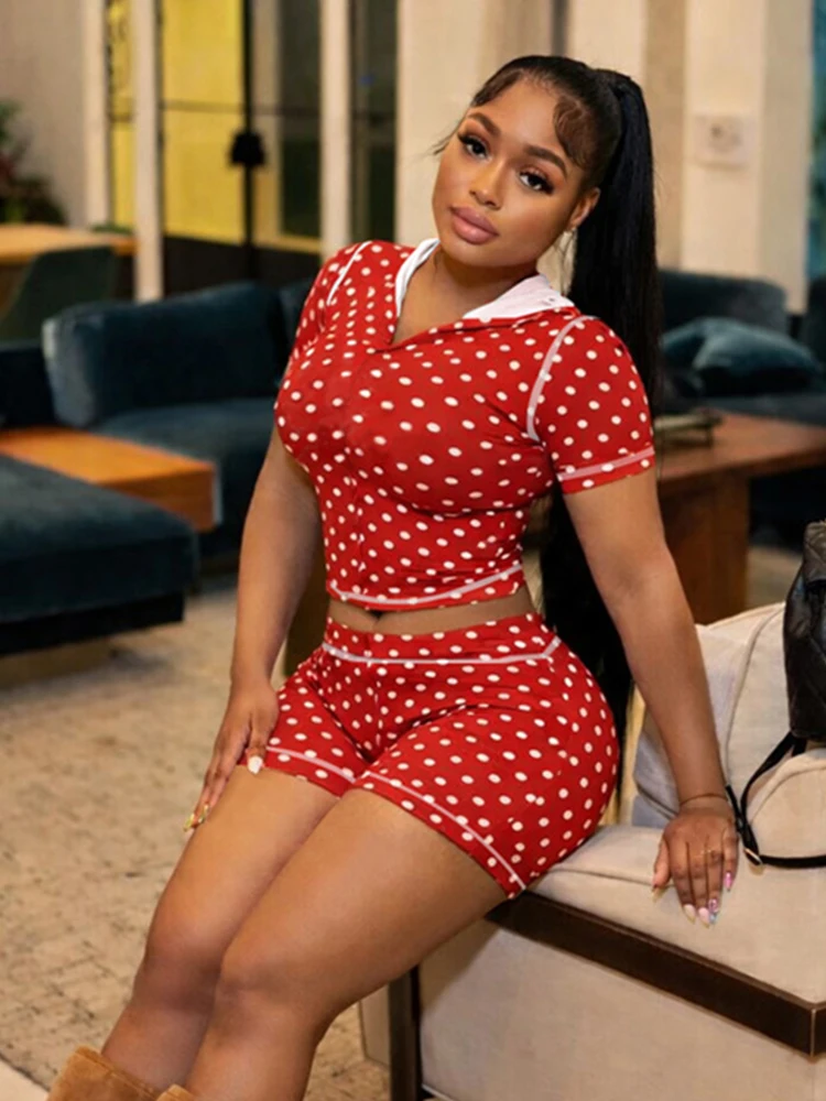 

Kliou Polka Dot Print 2 Piece Set Woman Zip Hooded Short Sleeve Crop Tops+Skinny Peach Hip Shorts Hot Girls Sexy Fashion Suits