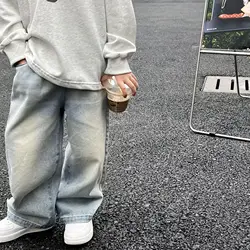 Children Clothing 2023 New Fashionable Trousers Spring Autumn Boys Retro Jeans Korean Style Straight Casual Simple Trousers