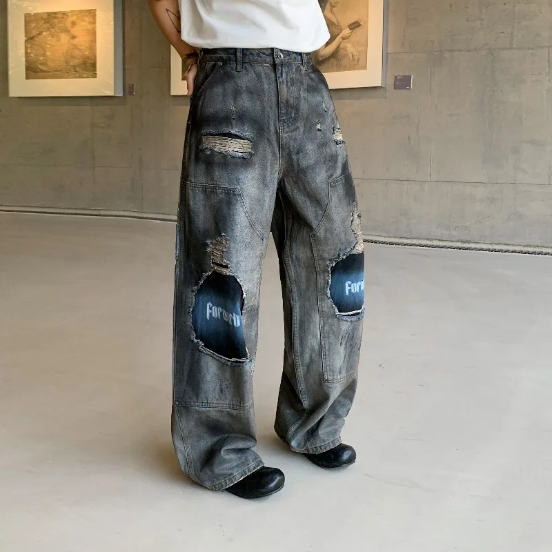 

Fashion Patchwork Fake Ripped Jeans Autumn Winter New Men's Casual Loose Straight Leg Pants