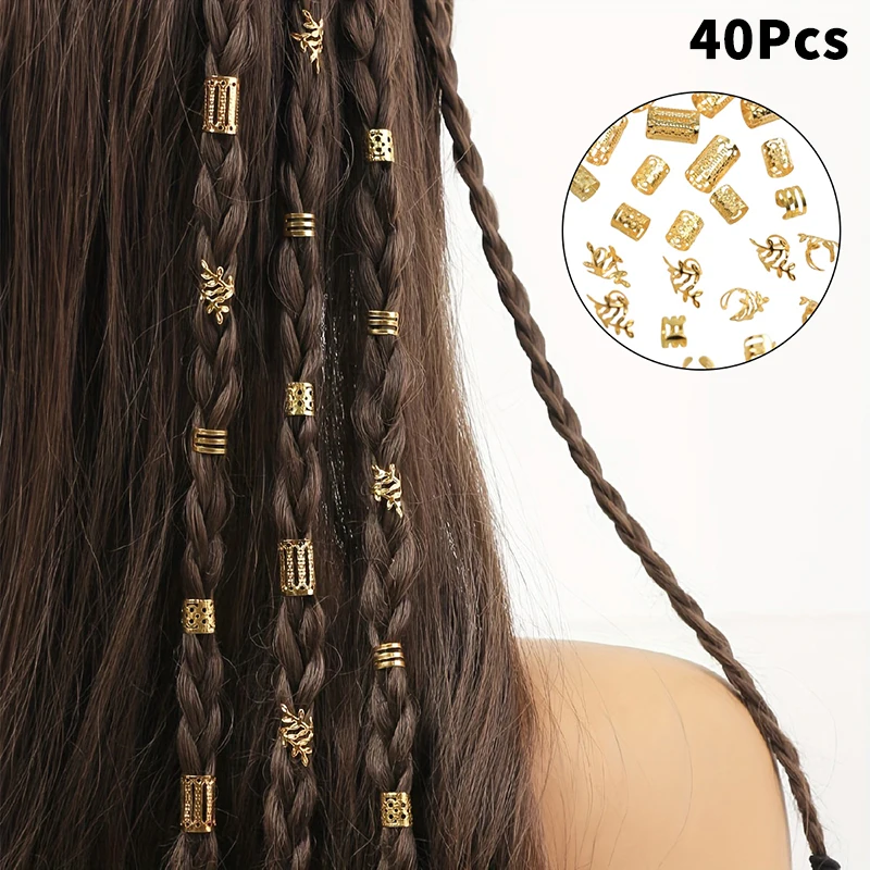 40PCS Vintage Gold Silver Hollow Hair Rings Iron Hair Cuff Hair Pins Loop Decor Hair Accessories Lock Hair Jewelry For Braid