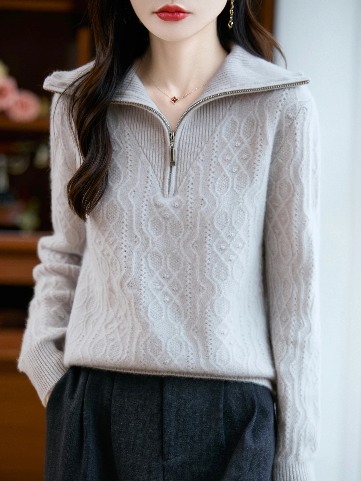 

TLOML Women 100% Merino Wool Turtleneck Half Zipple Pullover Casual Turn Down Collar Cashmere Sweater Autumn Winter Thicken Tops