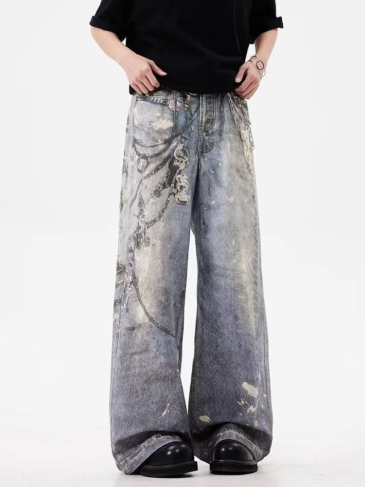 2024 Ropa Y2K Streetwear 3D Graphic Print Baggy Jeans Pants For Men 90S Vintage Clothes Straight Gothic Punk Old Denim Trousers