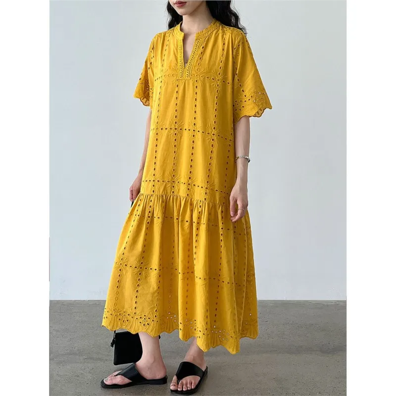 

Johnature French Cut-out Lace Crochet Embroidery Dress Women 2025 Summer New Casual Loose Simple V-neck Long Dresses