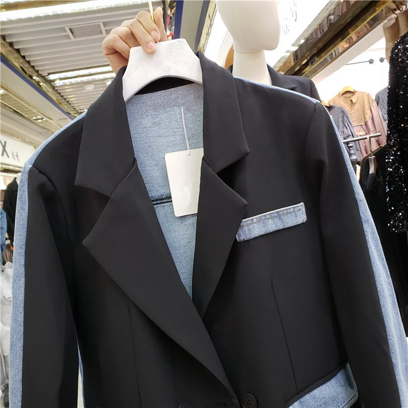 Blazer patchwork in denim allentato vintage da donna con tasca grande colletto capispalla femminile jeans doppiopetto giacche da abito con giunture