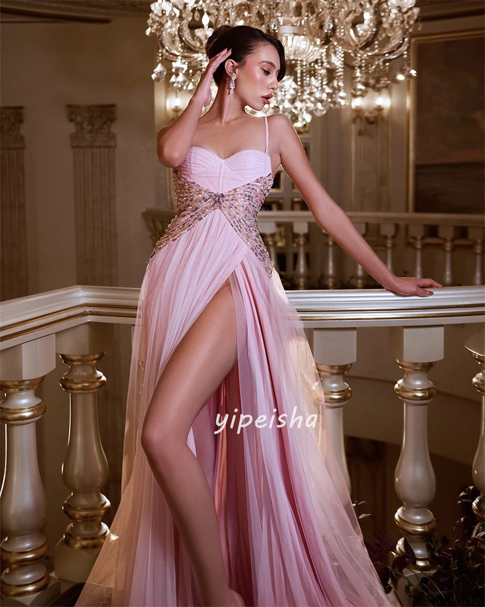 Vestidos de Noche personalizados exquisitos de tul brillante con cuentas de diamantes de imitación, vestidos largos con tirantes finos, vestidos de cóctel con abertura larga