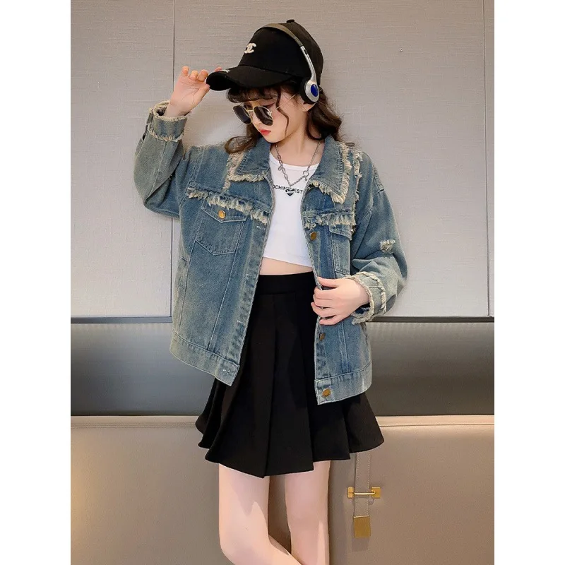 

2024 Children's Jacket Retro Denim Jacket for Girls Spring Autumn, Fashionable and Western-style with Fringed Korean Style Top