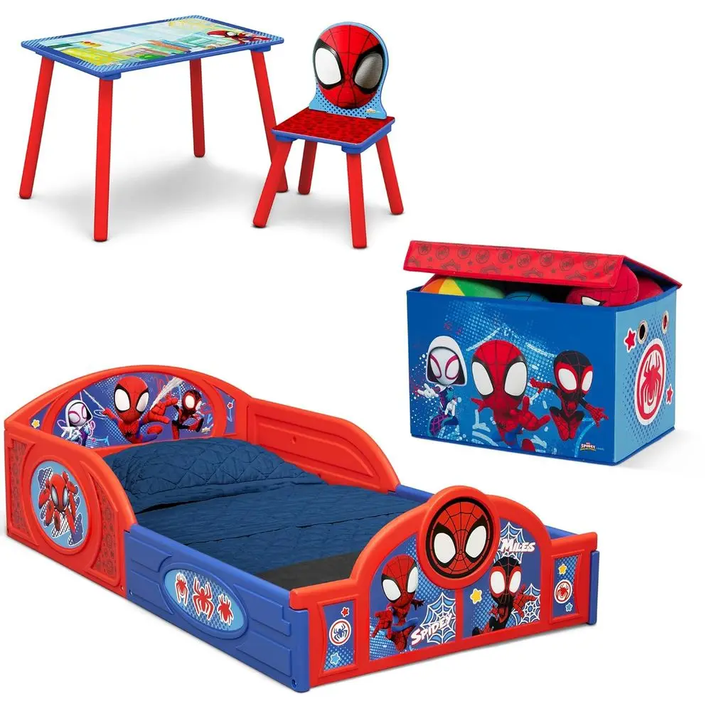 4-Piece Toddler Furniture Set: Sleep, Play, Table, Chair, Fabric Toy Box - Blue/Red