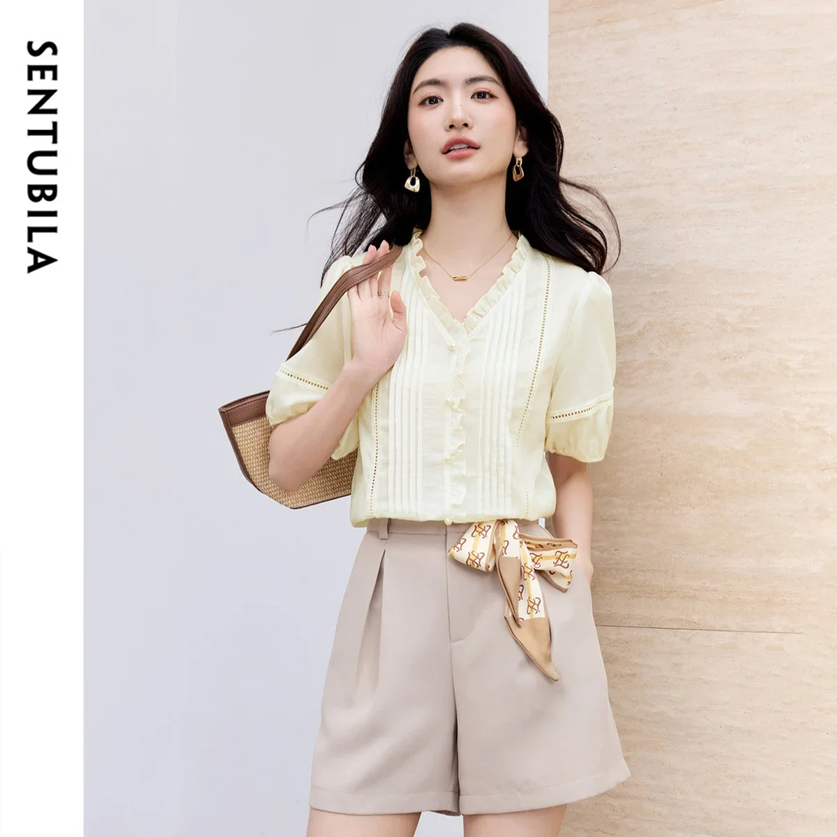 

SENTUBILA Women's Summer V-Neck Shirts 2026 Office Lady Apricot Chiffon Lace Spliced Blouse Lantern Short Sleeve Tops 152VA0093