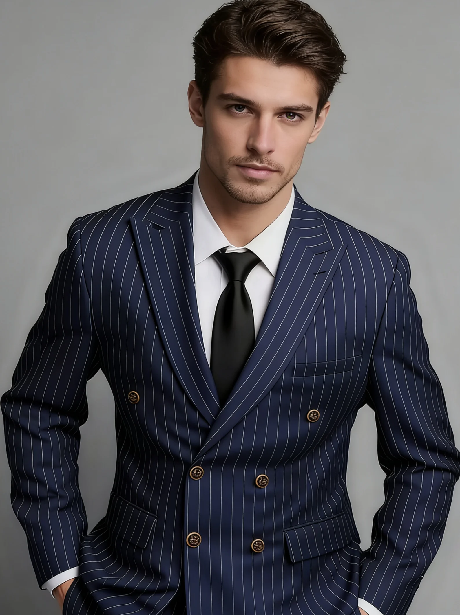 

Мужской темно-синий костюм-двойка в тонкую полоску, двубортный, приталенный, класса люкс, для свадеб, деловых встреч и вечеринок