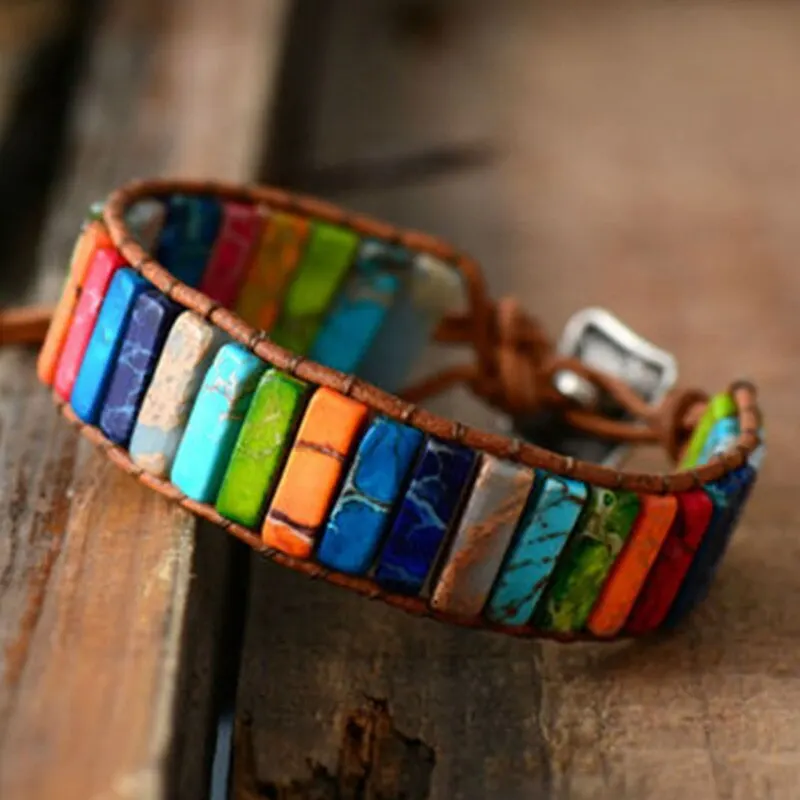 Bohemian Multicolor Emperor Stone Bracelet 7 Chakra Healing Rectangular Stones Bracelet Leather Rope Woven Bangle Wrist Jewelry