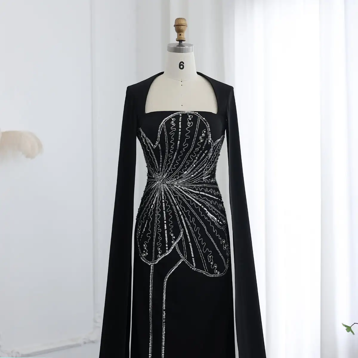 Elegant Black Luxury Beaded Arabic Evening Dress With Cape Sleeves Long Dubai Women Wedding Party Gowns Lsz275