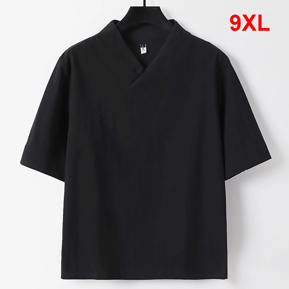 

Summer Linen T-shirt Men Plus Size 9XL Linen Tees Tops Male Vintage Casual Three Quarter Sleeve V-neck Tshirt Big Size 9XL