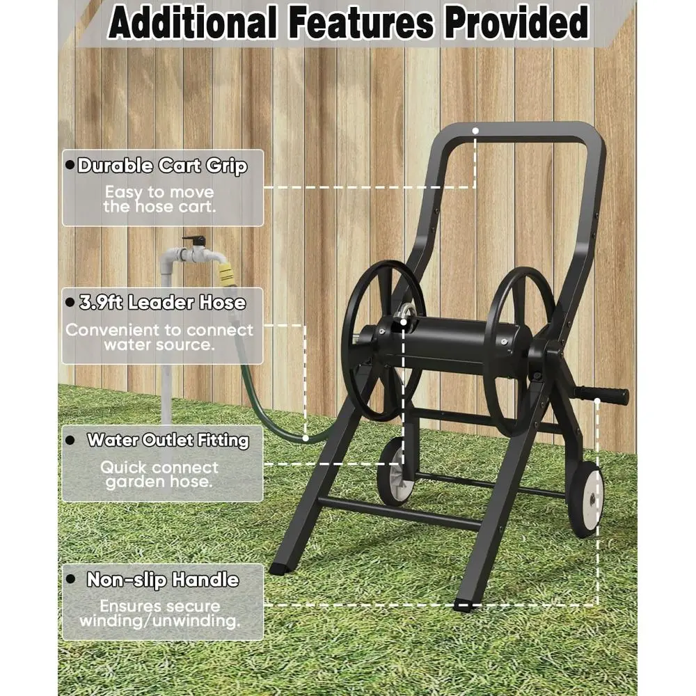 Heavy-Duty Outdoor Steel Hose Cart with Wheels, Holds 125ft 5/8 Hose, Black