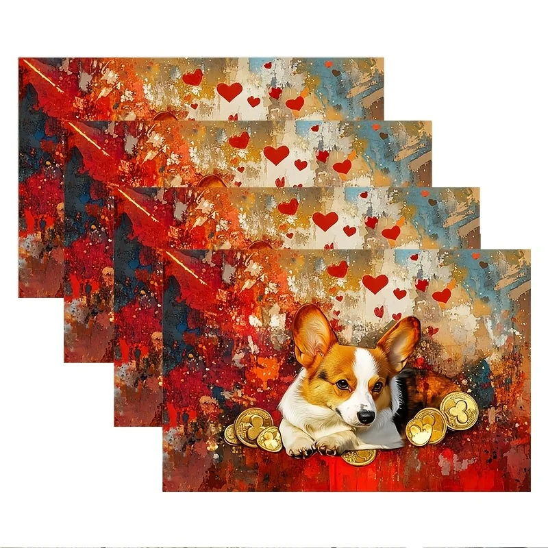 1PC Valentine'S Day Corgi & Golden Coins Placemats,Linen Knit Fabric Rectangular Table Mats