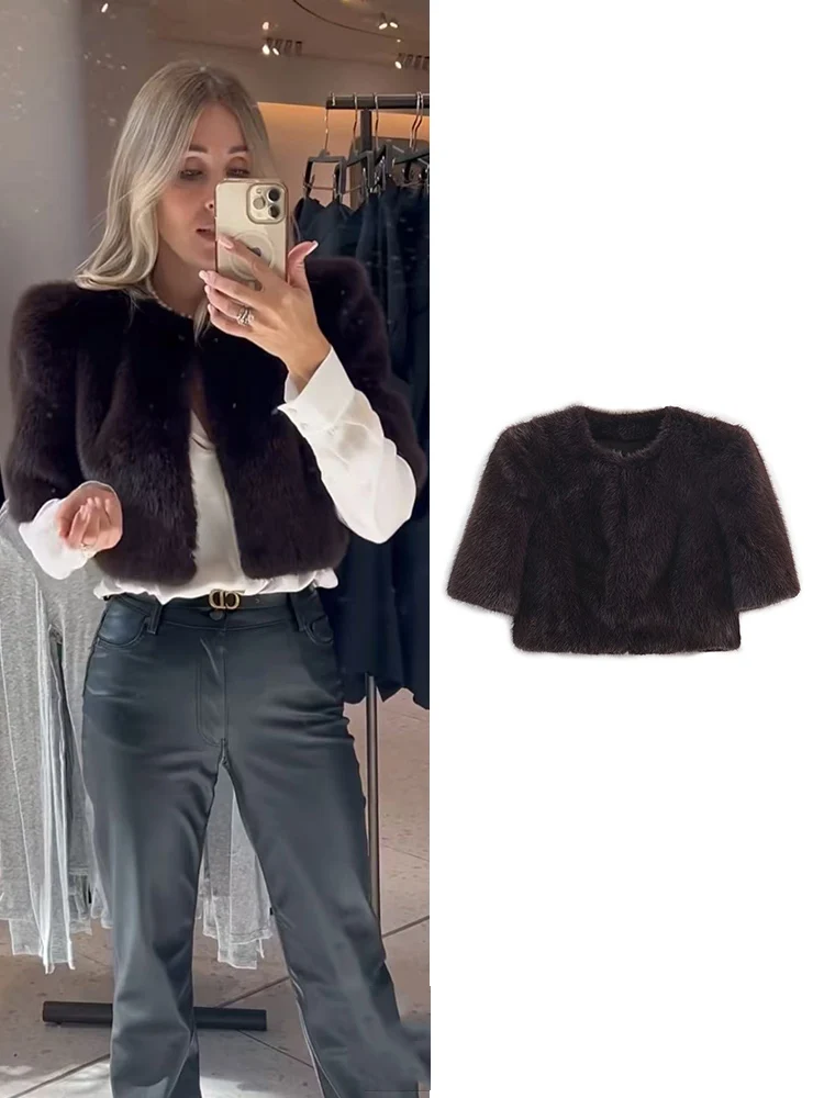 

Модное женское укороченное пальто из искусственного меха, шикарная однотонная тонкая короткая куртка с круглым воротником и короткими рукавами, зимняя женская уличная верхняя одежда