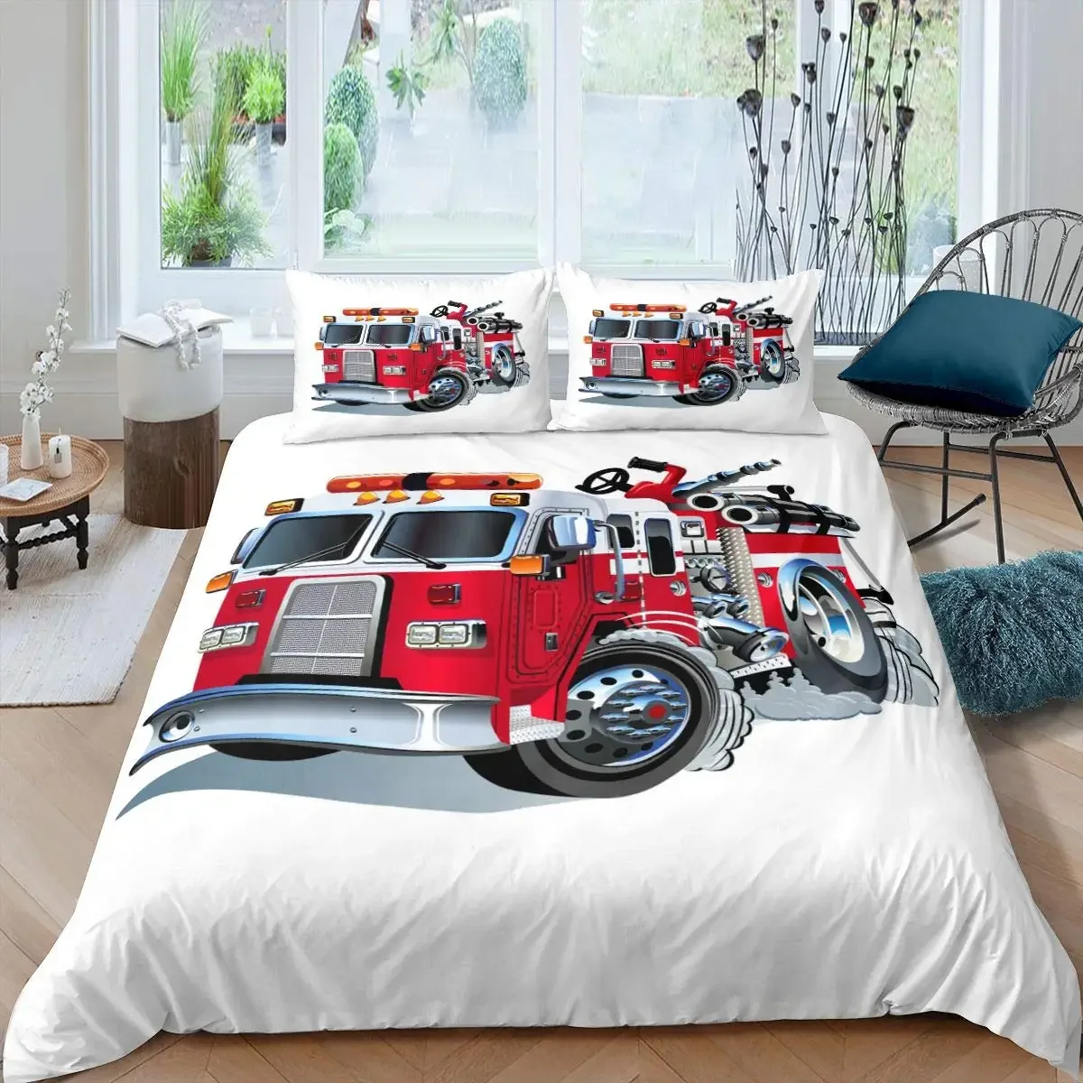 Firefighter Truck Duvet Cover Set Kids Firemen Car Vehicle Bedding Set for Boys Fire Engine Pattern King Size Comforter Cover