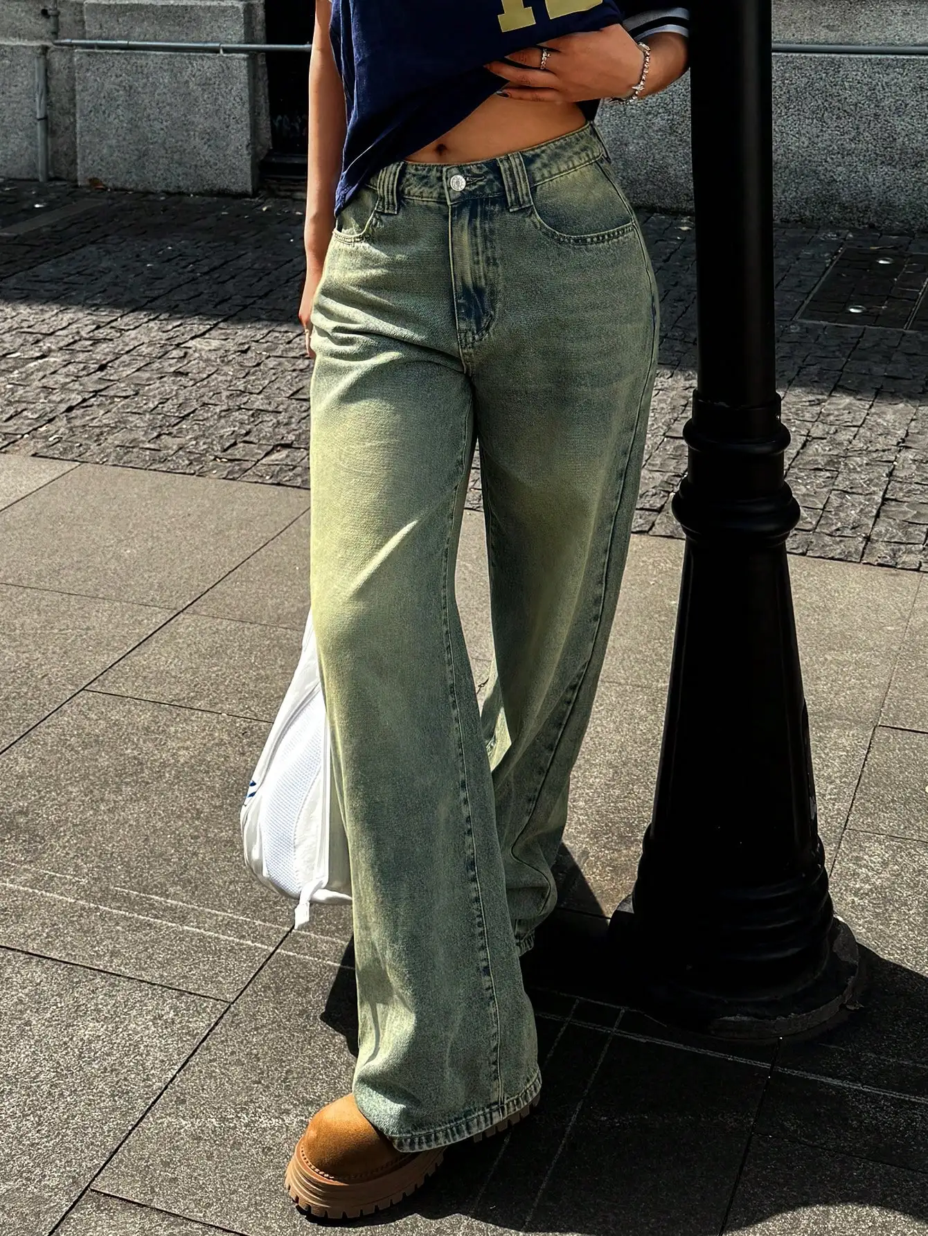 WGXWGX Women's High-Waisted Wide-Leg Denim Pants Vintage Wash Baggy Jeans Y2K Trendy Loose Fit Trousers for Fashion-Seeking Lad