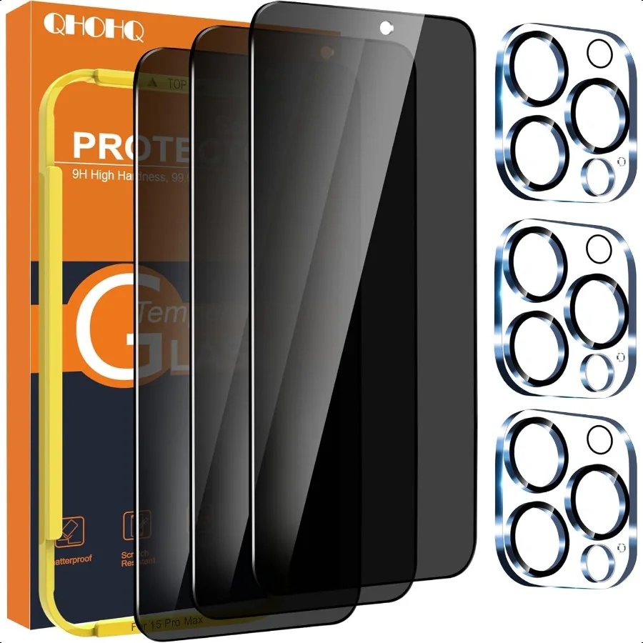 3 Pack Privacy Screen Protector for iPhone 15 Pro Max [6.7 Inch] with 3 Pack Camera Lens Protector Anti Spy Tempered Glass Film