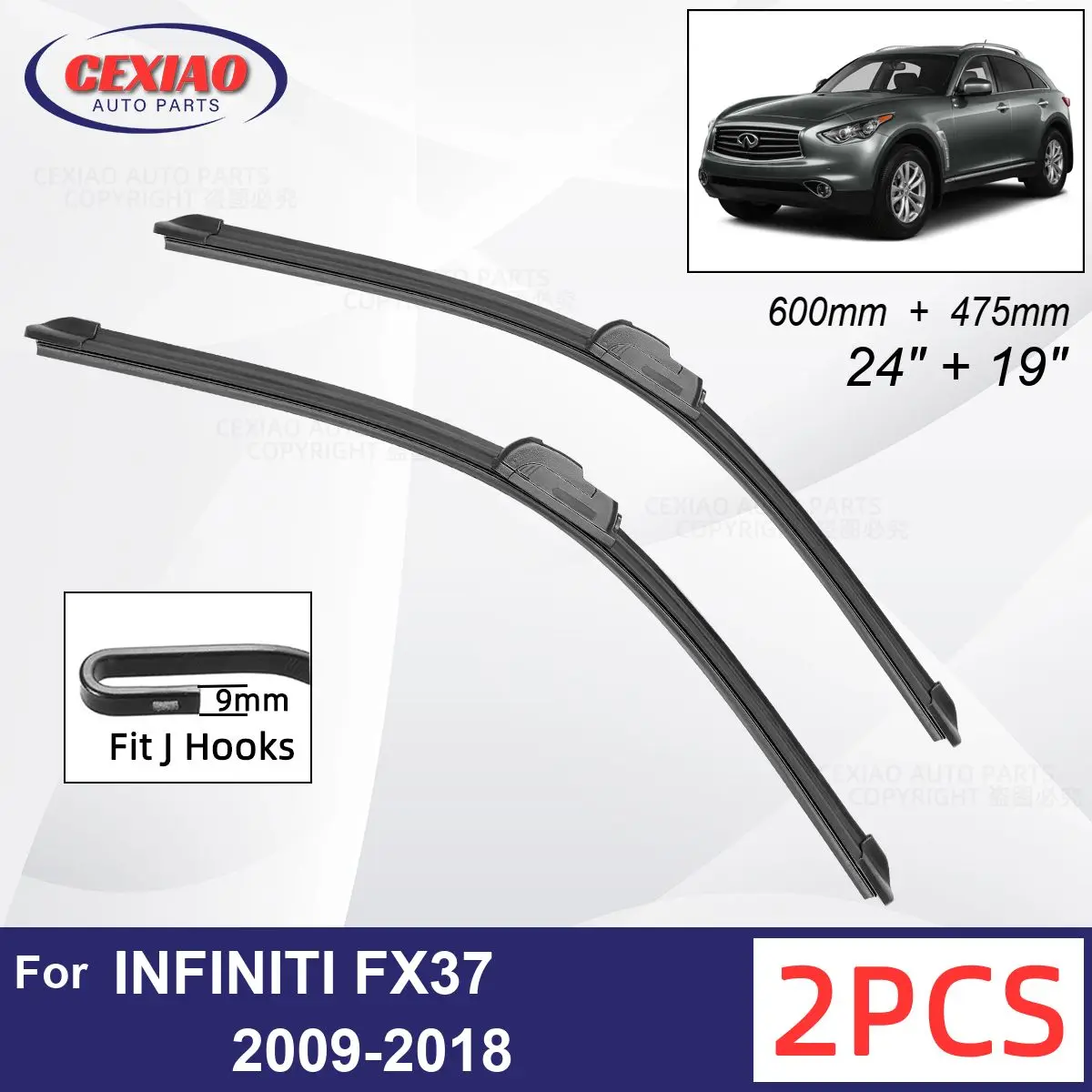 

Car Wiper For INFINITI FX37 2009-2018 Front Wiper Blades Soft Rubber Windscreen Wipers Auto Windshield 24"+19" 600mm + 475mm