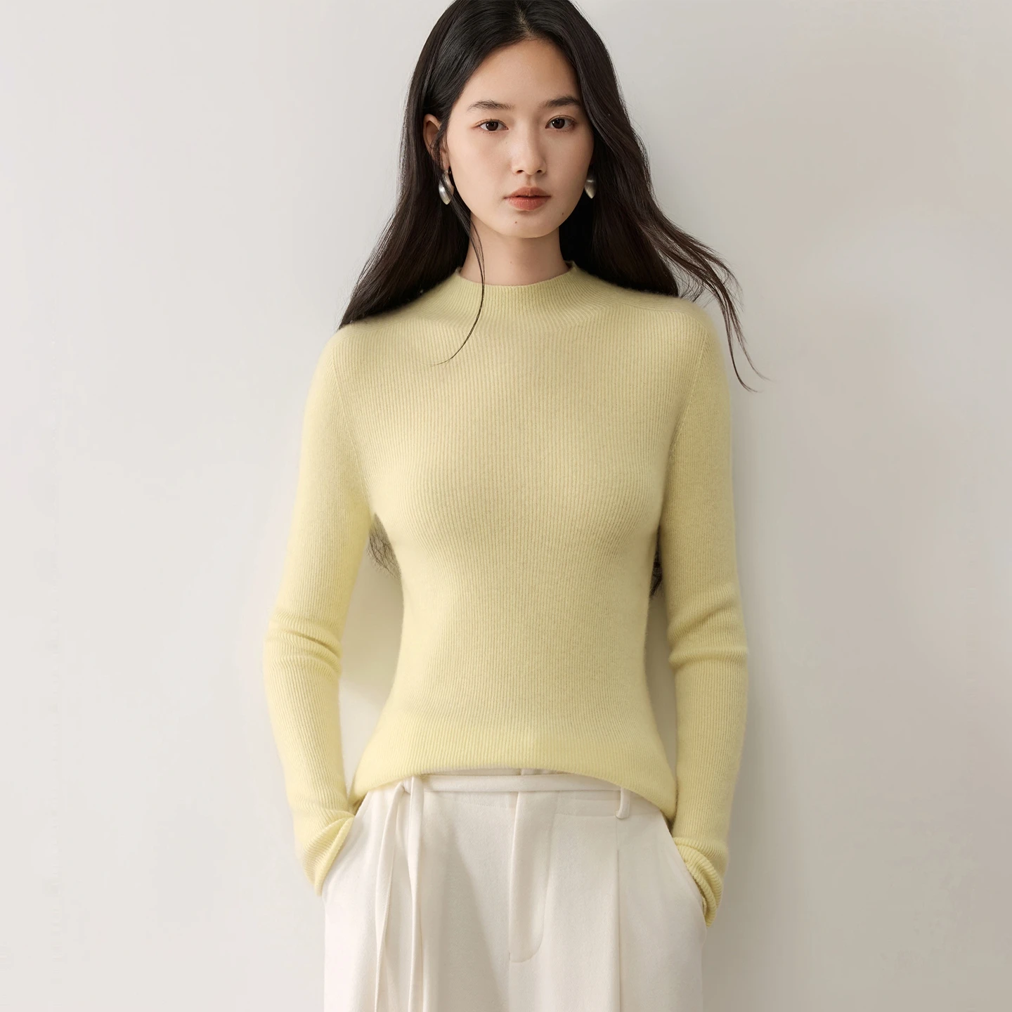 One Line Seamless Drawstring Half Height 100% Cashmere Knitted Sweater Women Slim Fashion Versatile Base Shirt Autumn Winter Top