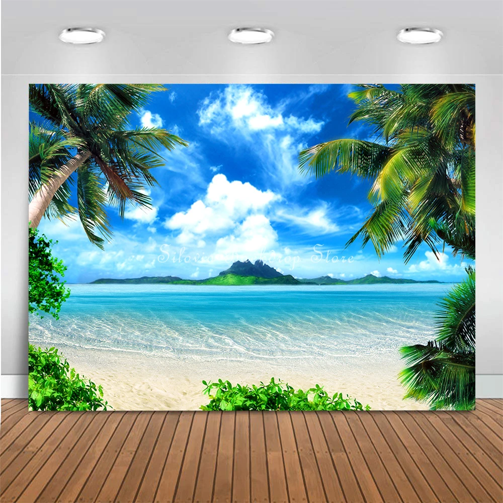 Summer Beach Hawaii Vacation Photo Background Beachside Palm Trees Photography Backdrop Kids Portrait Photo Studio Props